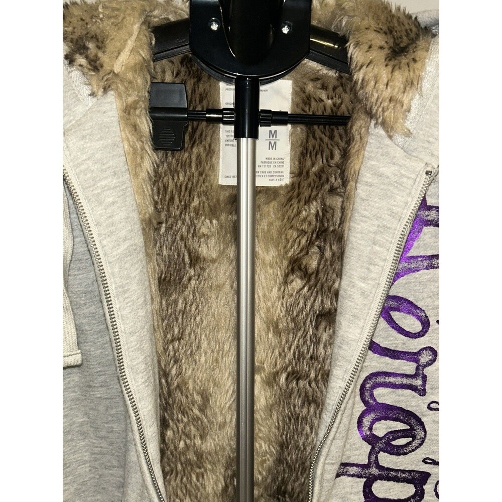 VTG Y2K Aeropostale 87 Faux Fur Lined Hoodie Grey Purple Medium Full Zip 2000s - Picture 3 of 9